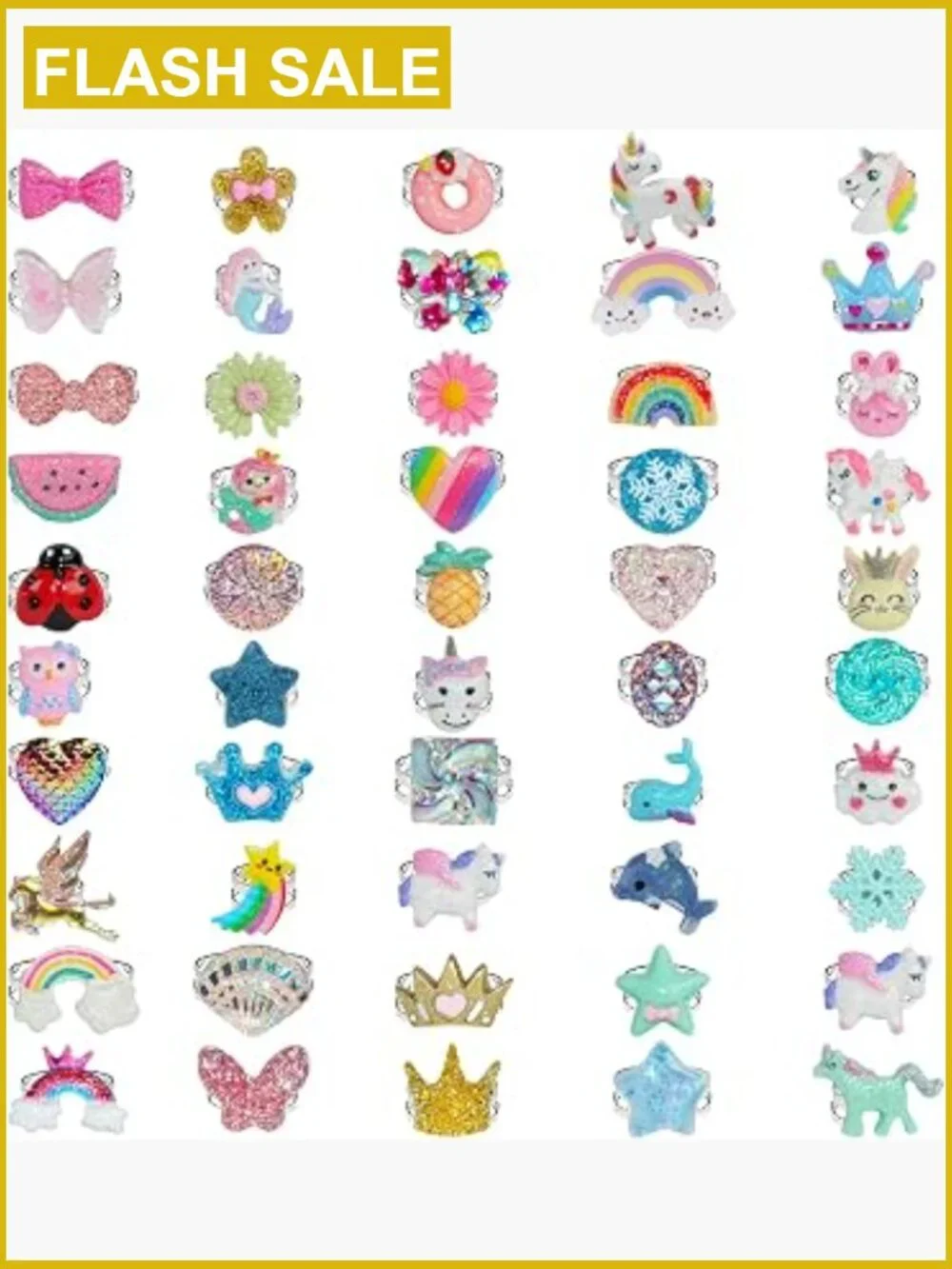 50-Piece Kid's Dress Up Rings Set - Adjustable Cute Jewelry for Girls